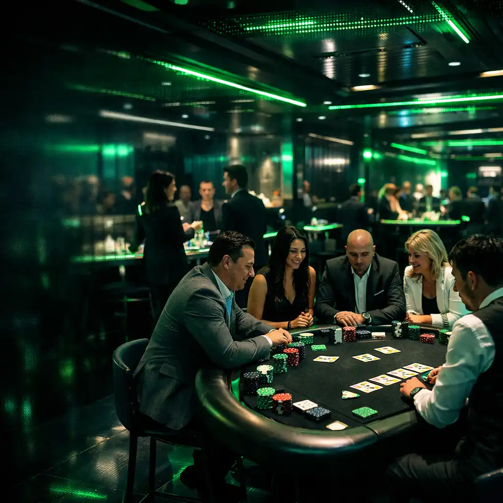 Event firmowy w futurystycznej restauracji z neonowym oświetleniem i stołami casino
