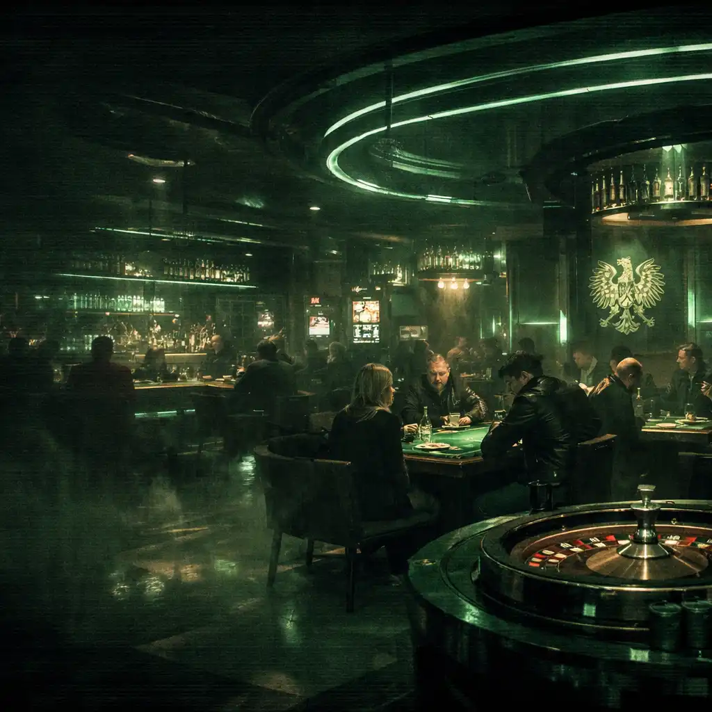 Nowoczesna restauracja z elementami casino i neonowym oświetleniem