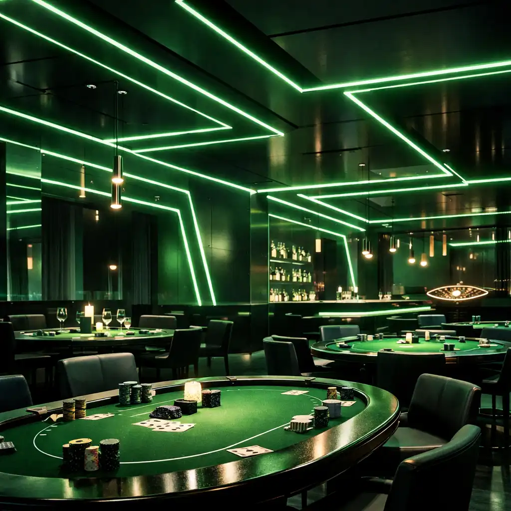 Wnętrze restauracji z neonowym oświetleniem i stołami pokerowymi