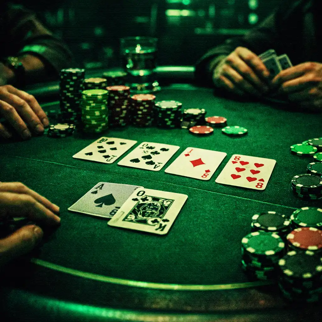 Stół pokerowy z kartami i żetonami w neonowym świetle