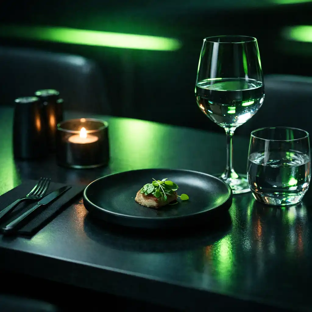 Detal stołu restauracyjnego z neonowymi refleksami i minimalistyczną aranżacją